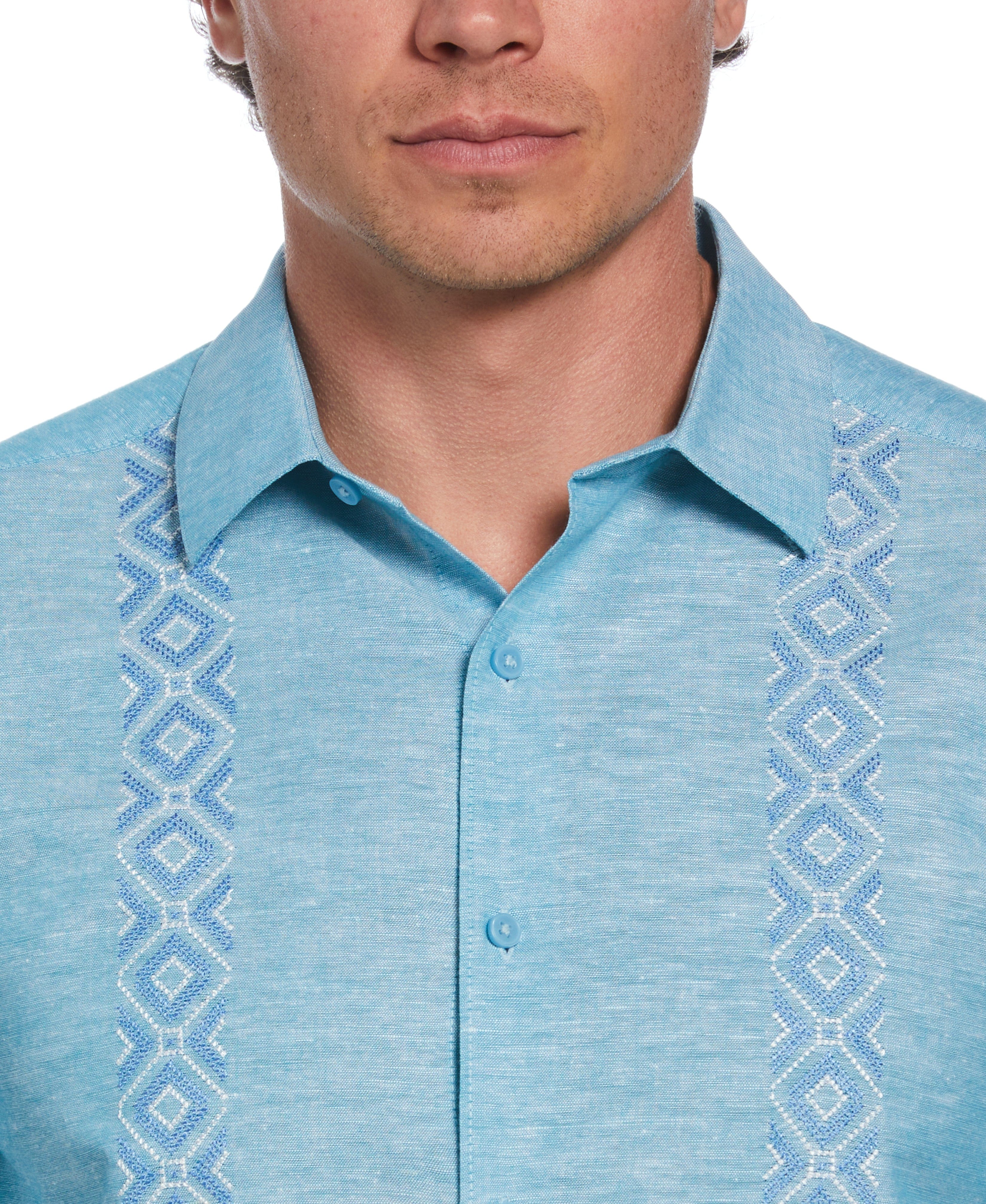 Big & Tall Linen Blend Argyle Embroidered Chambray Shirt - Image 4