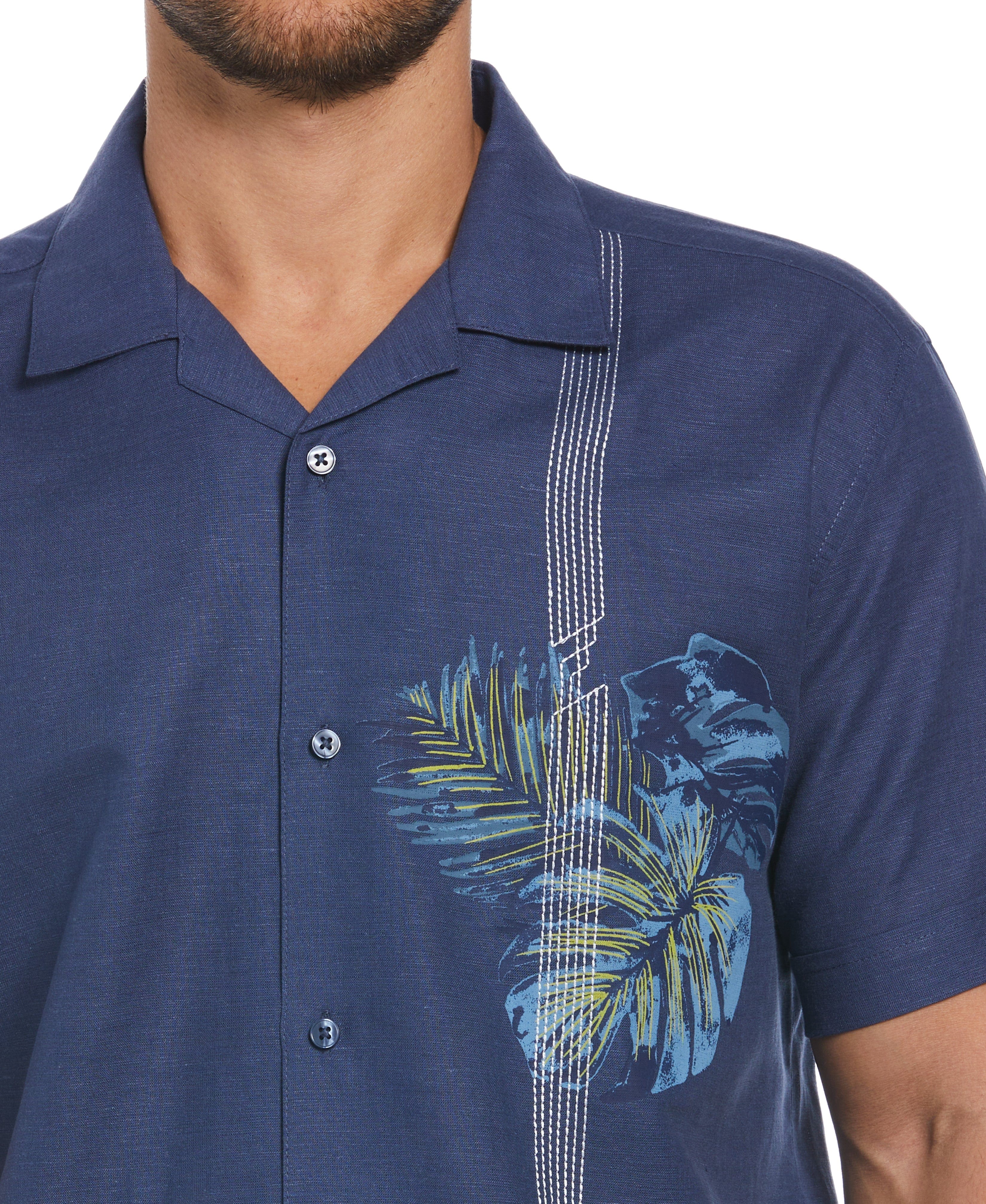 Big & Tall Linen Blend Asymmetrical Tropical Print Cuban Collar Shirt - Image 3