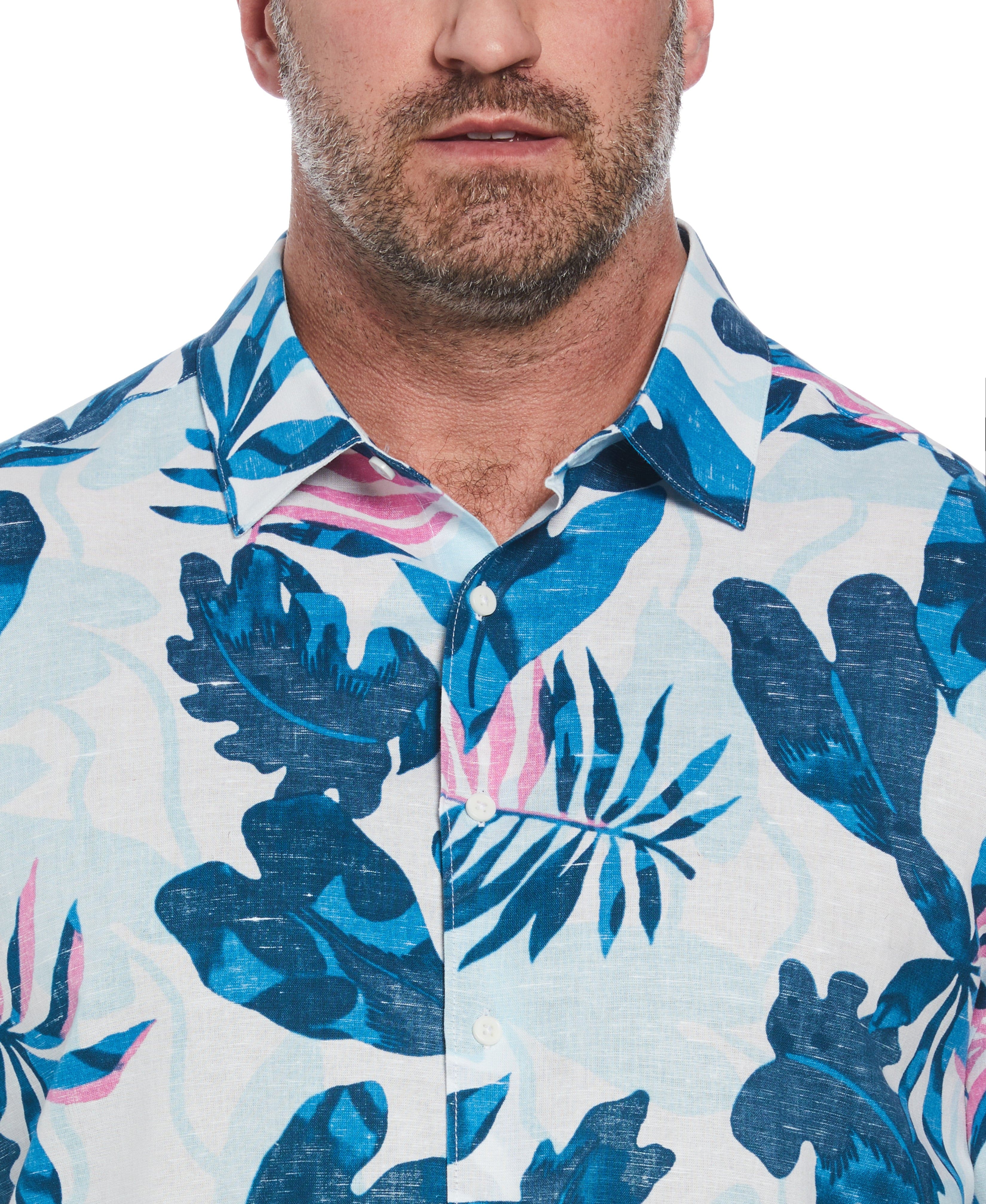 Big & Tall Linen Blend Reverse Tropical Print Shirt - Image 3