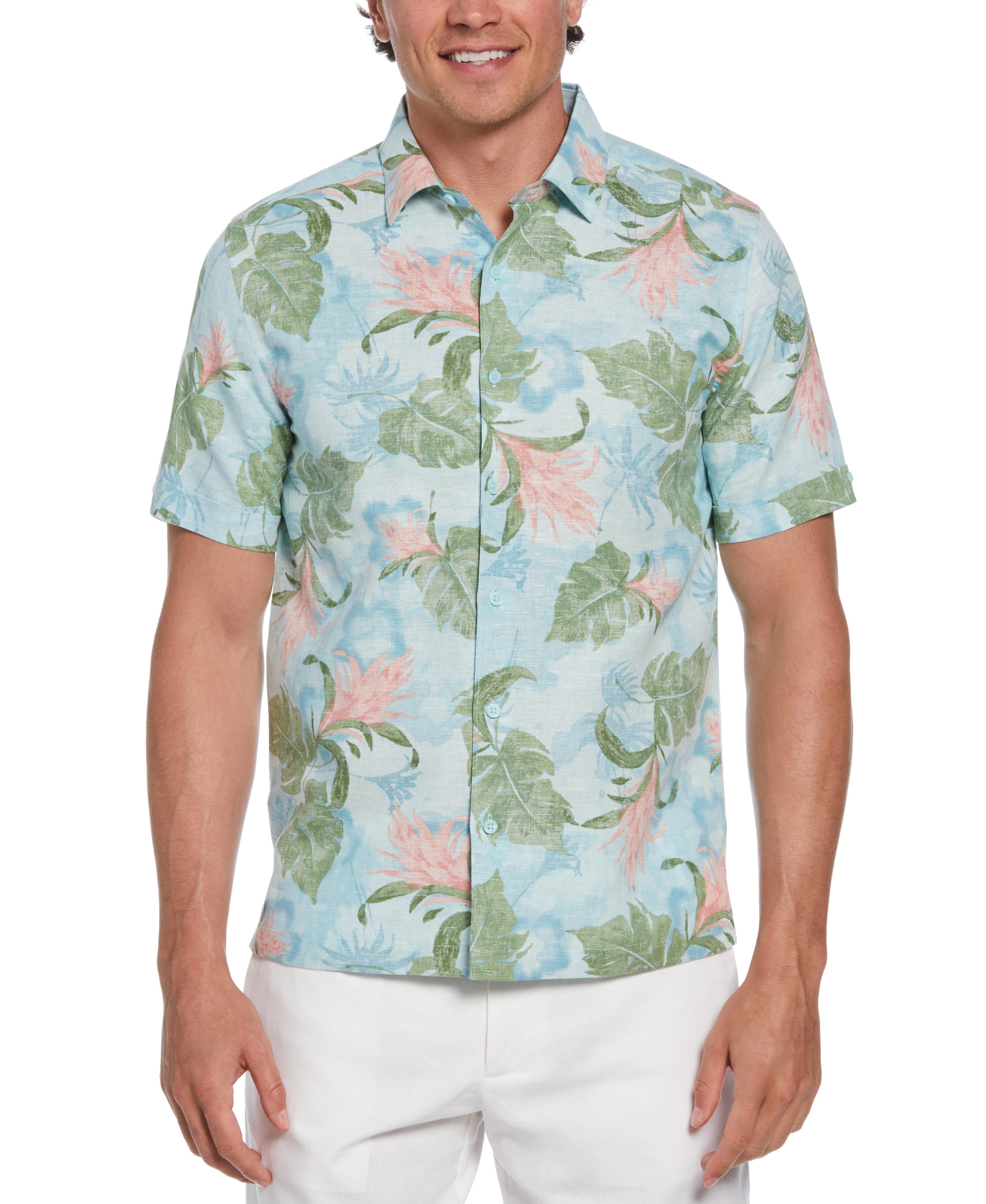 Linen Blend Tropical Floral Print Shirt