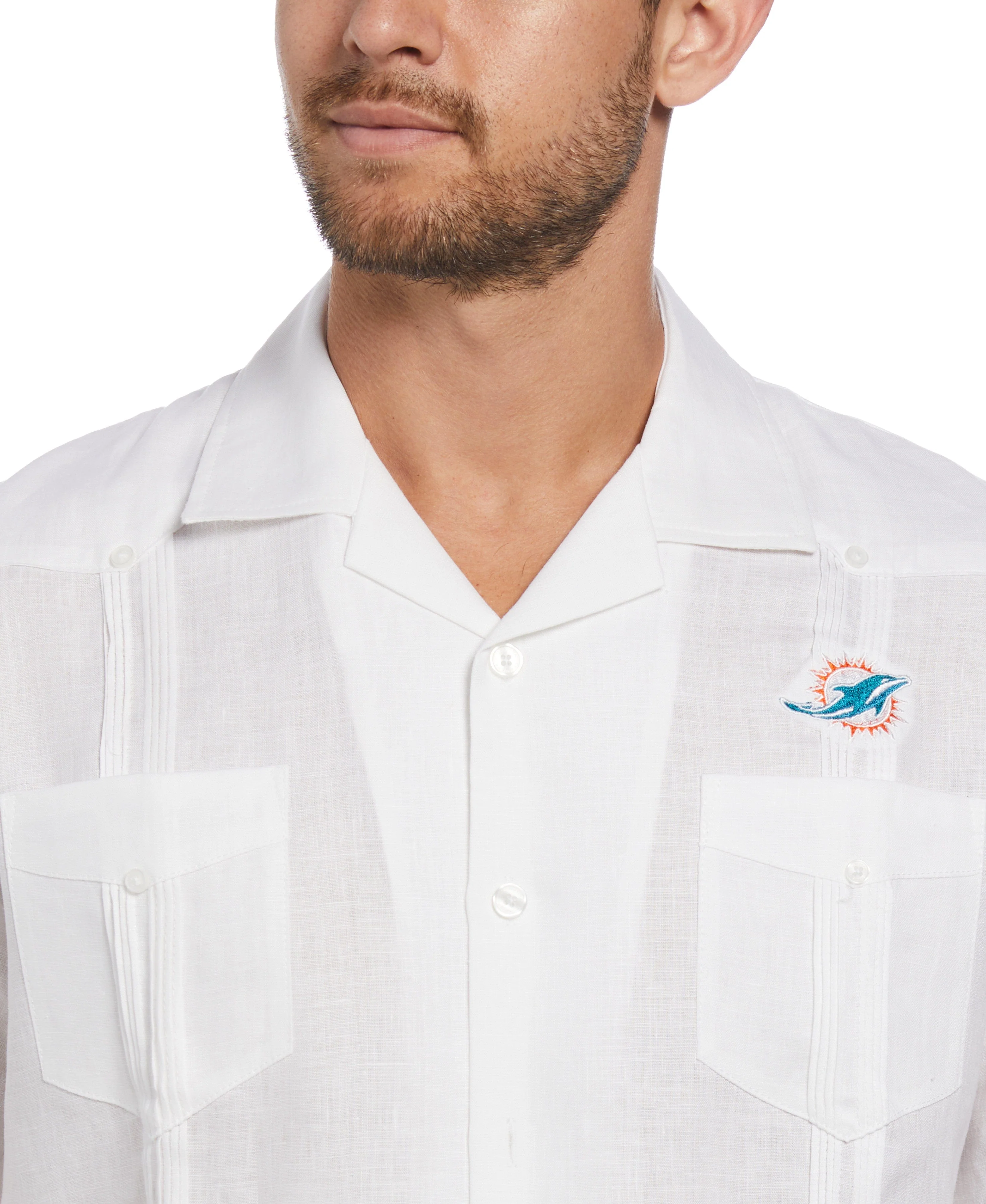 Miami Dolphins Logo Linen Short Sleeve 4 Pocket Guayabera - Image 3
